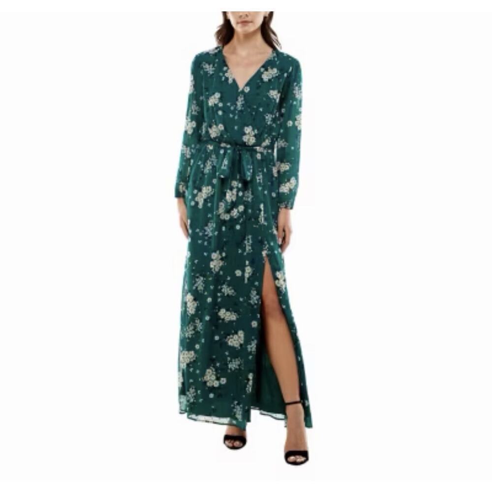 Premier Amour Emerald Green Long Sleeve Floral Belted Maxi Plus Size Dress 24W